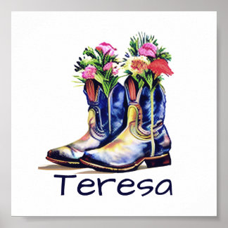 Personliga blomsterprydda cowgirlstövlar poster