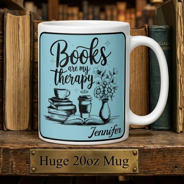 Personliga böcker är min terapi Bokälskare Blå Jumbo Mugg (20 oz mug on book shelf)