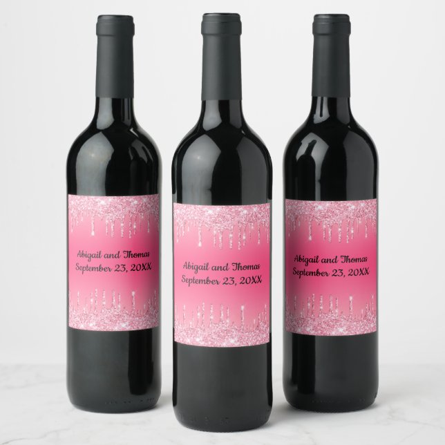 Personliga bröllop rosa droppande glitter trendiga vinflaska etikett (Flaskor)