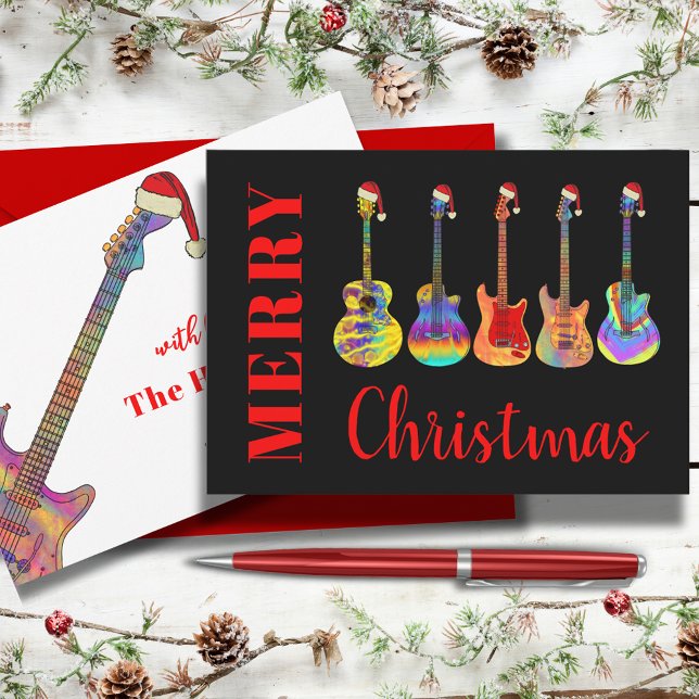 Personliga Coola Julgitarr Tomtar Julkort (Merry Christmas Cool colorful guitars wearing funny Santa hats black and red holidays greetings card)