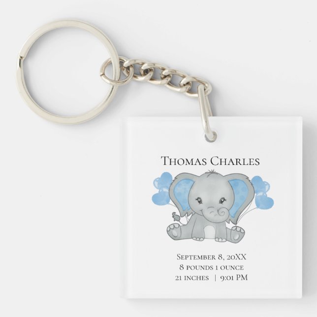 Personliga födelsestadistik Baby Elefant Blå Grå  (Framsidan)