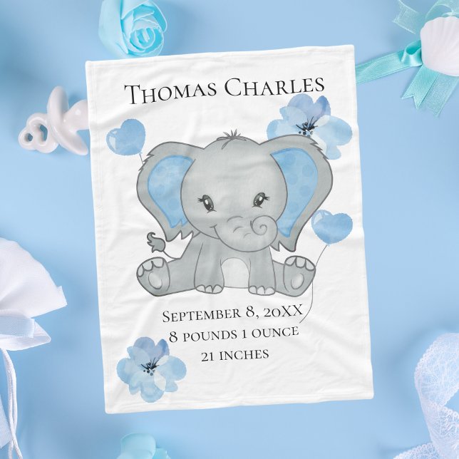 Personliga födelsestadistik Baby Elefant Blå Grå  Fleecefilt (Blue Gray Elephant Baby Boy Birth Stats Baby Blanket, Baby Shower gift Gift for new baby boy)