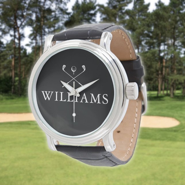Personliga golfklubbor i svart och vitt med namn armbandsur (Personalized Name Golf Clubs Black And White Watch)