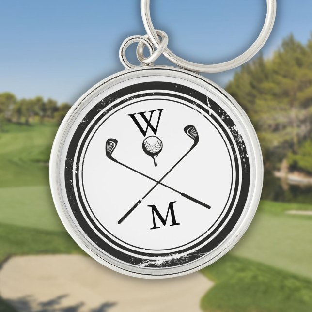 Personliga golfklubbor med monogram rund silverfärgad nyckelring (Personalized Monogram Golf Clubs Keychain)