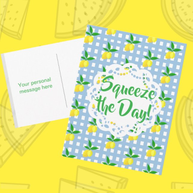Personliga gula citroner blå vit vykort (Thrifty postcards)