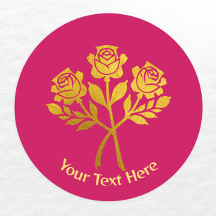 Personliga hallonrosa falska guldblommiga rosor runt klistermärke