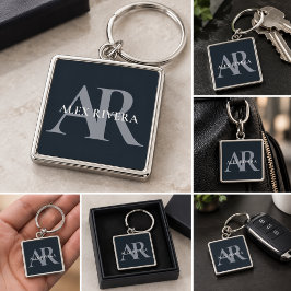 Personliga initialer & namnmonogramnyckelring fyrkantig silverfärgad nyckelring
