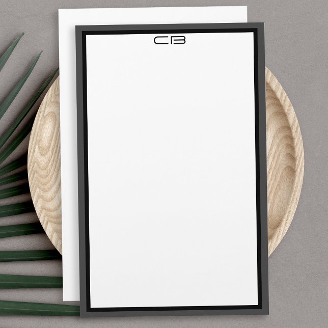 Personliga Initialer Svart Grå Ram Brevpapper (Personalized Monogram Initials Black Gray Border Stationery)