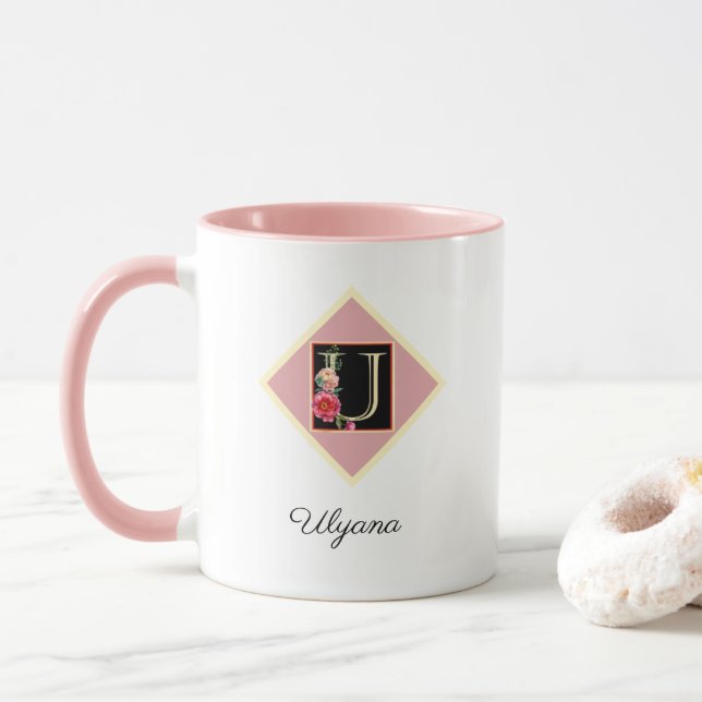 Personliga Initialer Vintage Rosor "U" Mugg (Med munk)