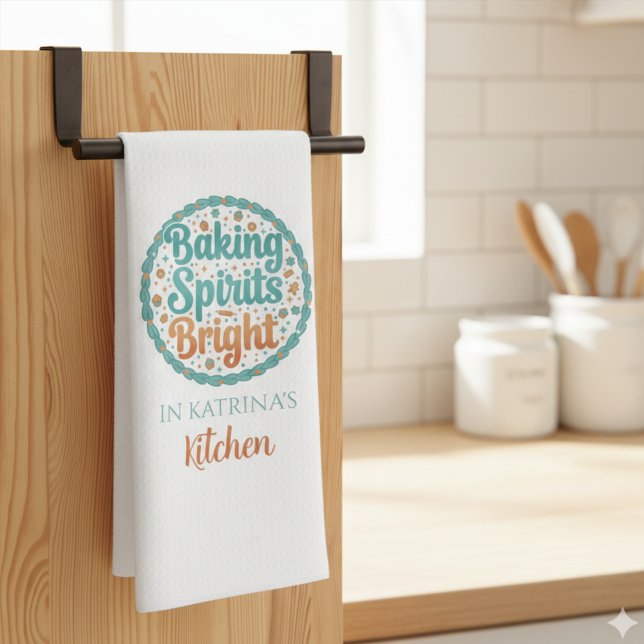 Personliga julduktyg för köket kökshandduk (Celebrate the holiday this season with this fun personalized, "Baking Spirits Bright" kitchen towel!)