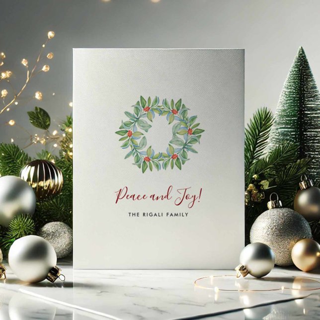 Personliga julkort utan foto (Personalized Christmas cards no photo with watercolor wreath art Victoria Grigaliunas DoTellABelle)