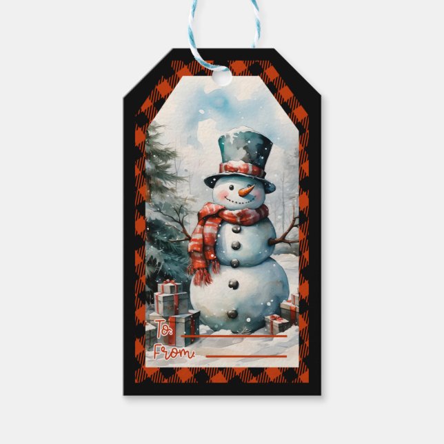 Personliga julpresentkort med snöman presentetikett (Framsidan)