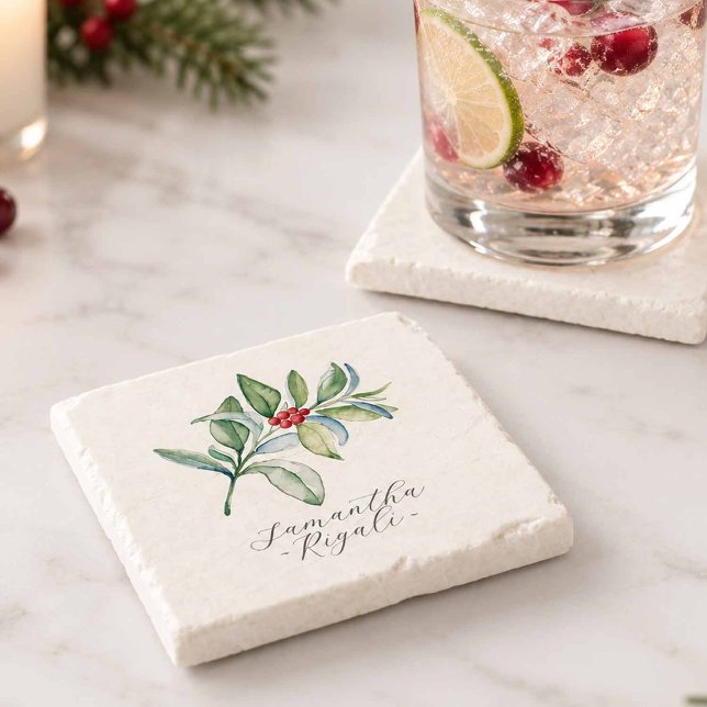 Personliga julundersatser stenunderlägg (Personalized Christmas theme bridal shower favors with guest names, styled as keepsake coasters)