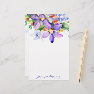 Personliga lila akvarellblommor brevpapper