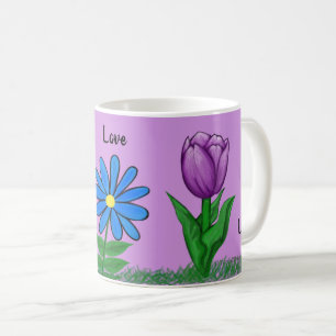 Personliga lila koppar med blommotiv och kärlek