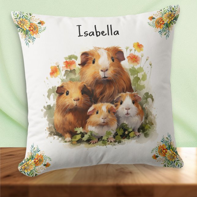 Personliga marsvin Marigold blommor söta Kudde (A cute personalized pillow, with illustration of four adorable guinea pigs among flowers)