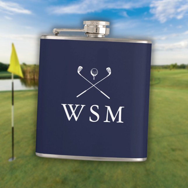 Personliga monogram golfklubbor marinblå fickplunta (Personalized Monogram Golf Clubs Navy Blue Flask)