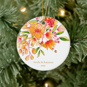 Personliga Par Namn Blommig Orange Jul Julgransprydnad Keramik
