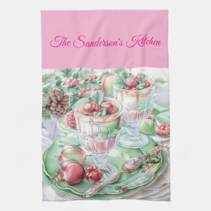 Personliga Pastell Rosa & Grön Julköket Kökshandduk