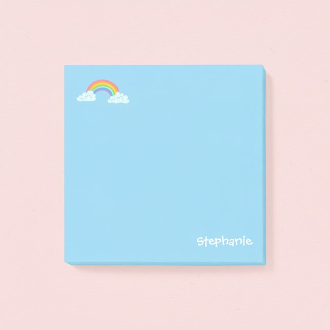 Personliga regnbågs- och namnetiketter post-it block (Cute blue personalized post-it notes with a name and rainbow.)
