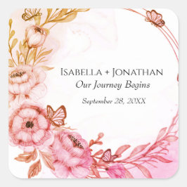 Personliga rosa apelsinblommor Blommig fjäril Fyrkantigt Klistermärke