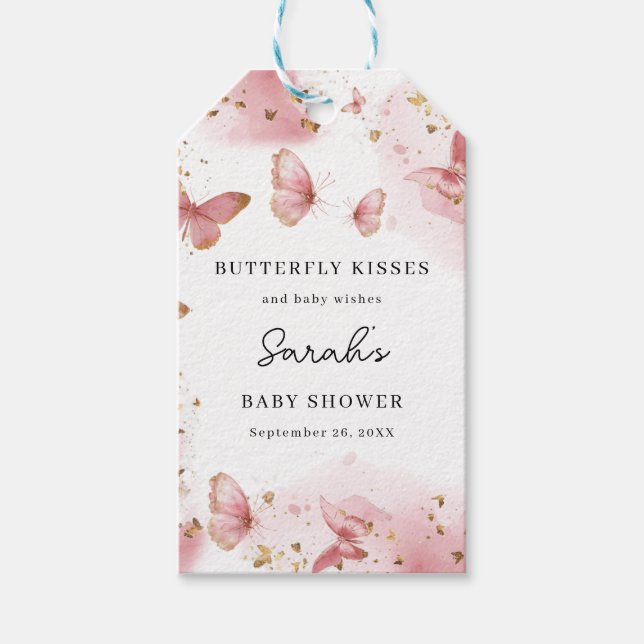 Personliga Rosa Fjäril Babyshower Presentkort Presentetikett (Framsidan)