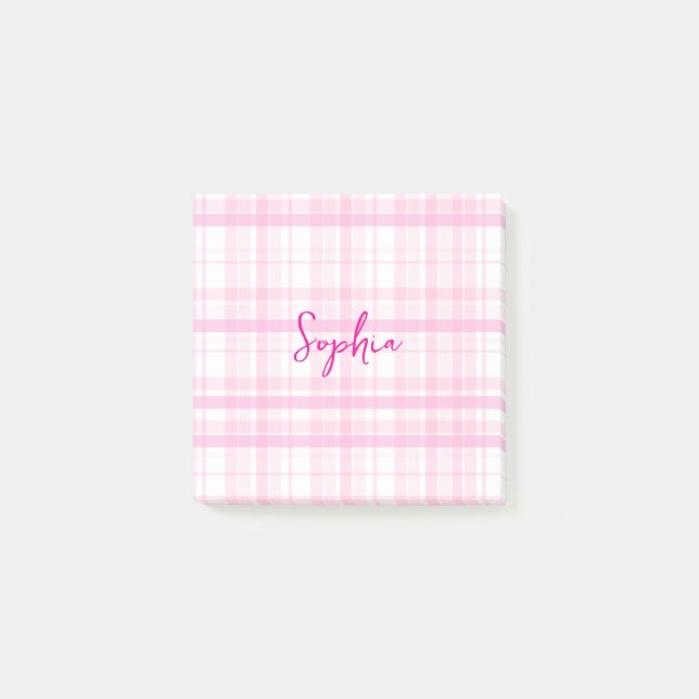 Personliga rosa rutmönstrade Post-It-lappar med na Post-it Block (Framsida)
