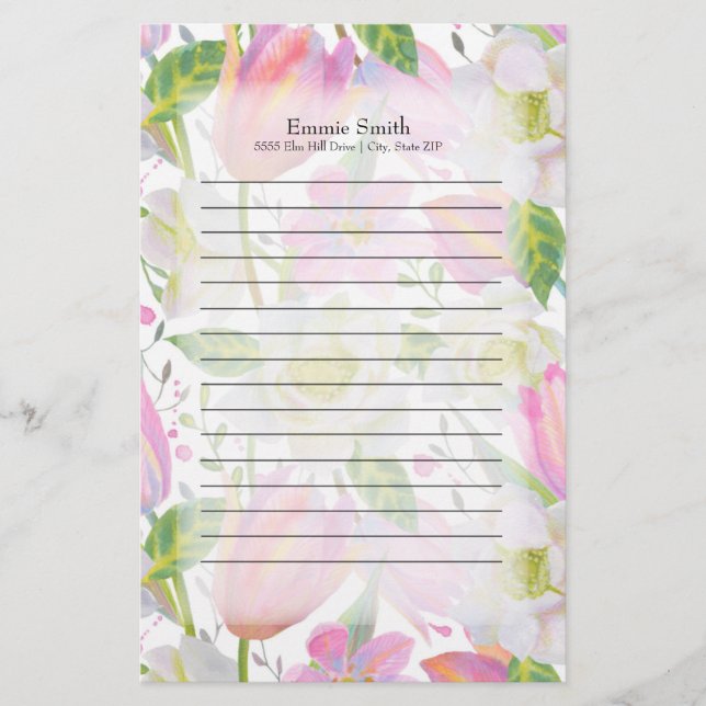 Personliga rosa tulpaner och gröna blad brevpapper (Framsida)