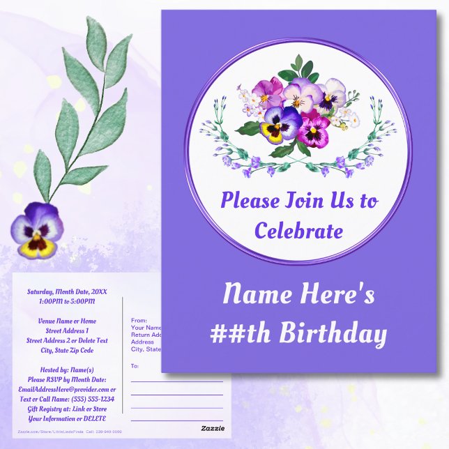 Personliga tankar, Födelsedagsinbjudningar med pen Vykort (Birthday Save the Date Postcards. Cheap Save the Dates. Purple, Lavender Birthday. Pansy Birthday.)