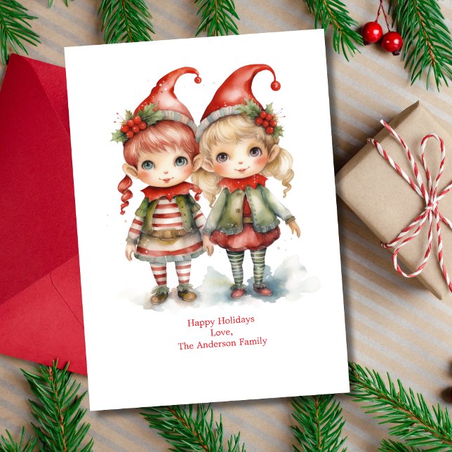 Personliga tomtar Alv Jul Julkort (Christmas Elves on this holiday card. Two cute elves. Printed or Digital Instant download)
