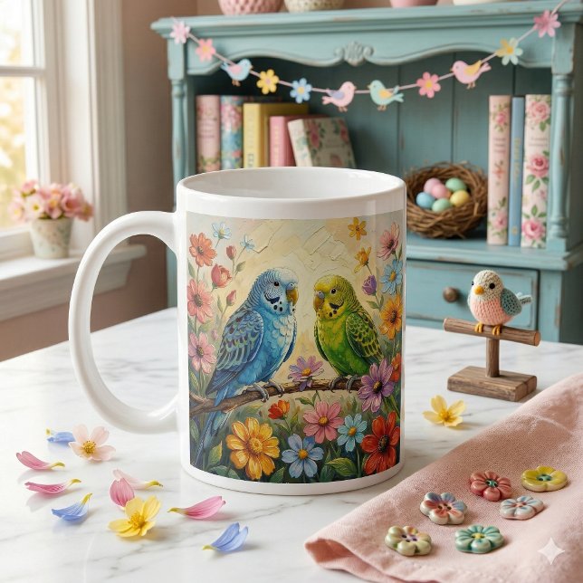 Personliga vackra blå och gröna parakiter kaffemugg (Skapare uppladdad)