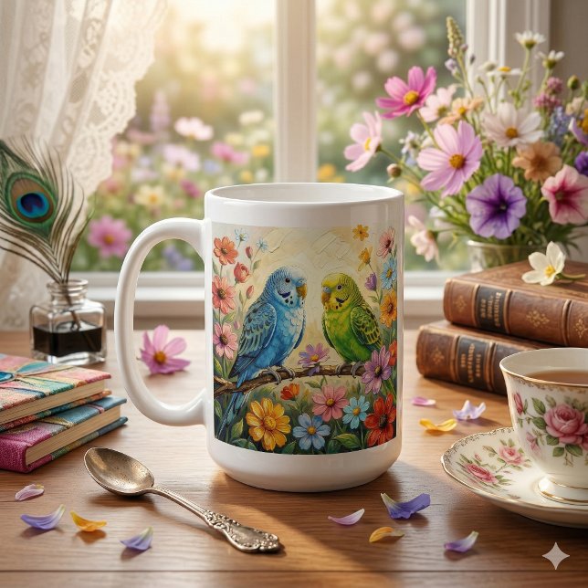 Personliga vackra blå och gröna parakiter kaffemugg (Skapare uppladdad)