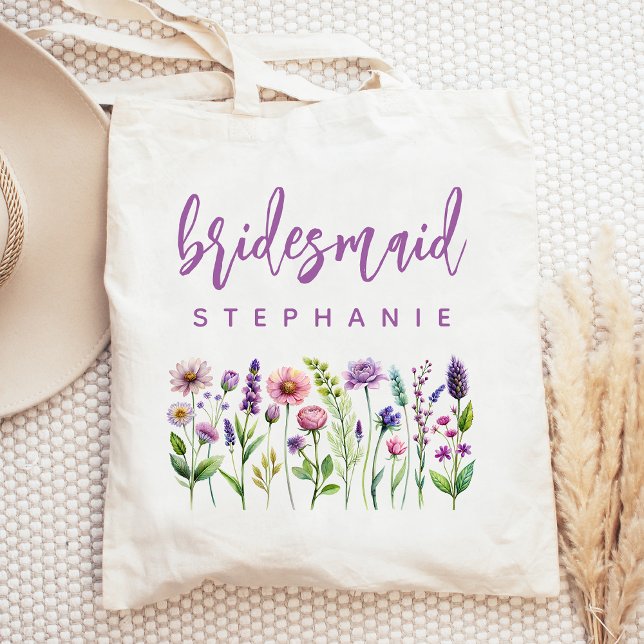 Personliga vildblommor lila skrift brudtjänsteflic tygkasse (Skapare uppladdad)