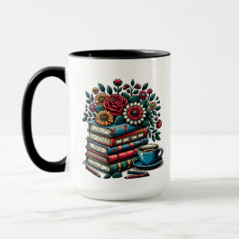 Personliga vintageböcker, kaffe och blommor mugg