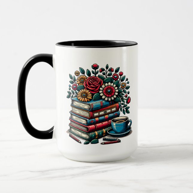 Personliga vintageböcker, kaffe och blommor mugg (Vänster)