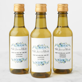 Personligad blå blommiga bröllopsfavoriter vinetikett