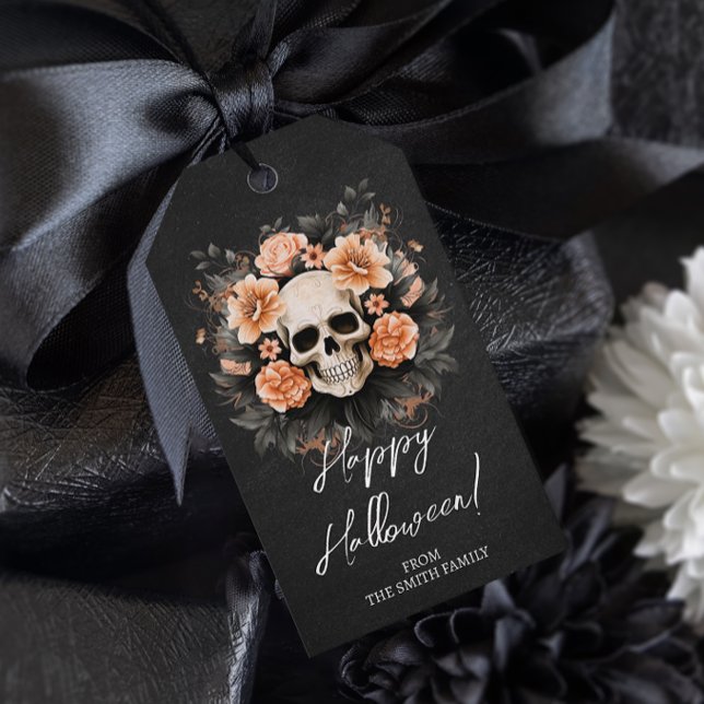 Personligad Vintage Blommig Döskalle Presentetikett (Add a touch of spooky elegance to your Halloween gifts and party favors with these gift tags.)
