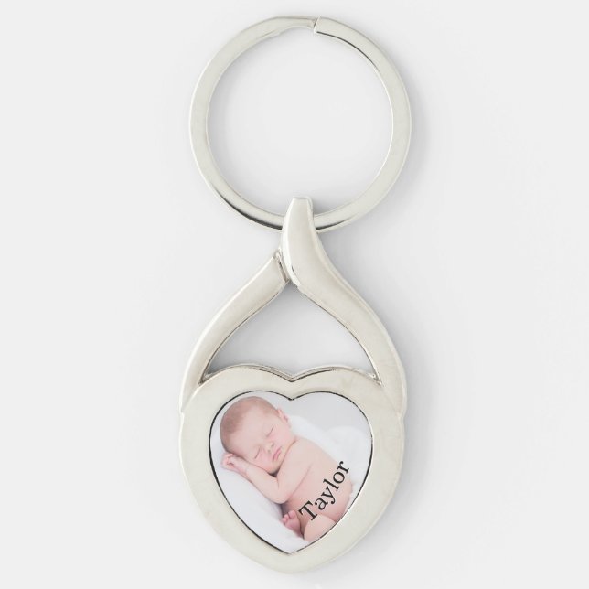 Personligbabyfoto och buktat namn twisted heart silverfärgad nyckelring (Framsidan)