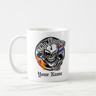 Personligbarberareskalle med den flammande kaffemugg