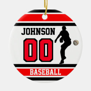 Personligbaseball röd , vit & svart julgransprydnad keramik