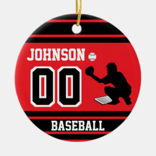 Personligbaseballstoppare svart   som är röd och julgransprydnad keramik