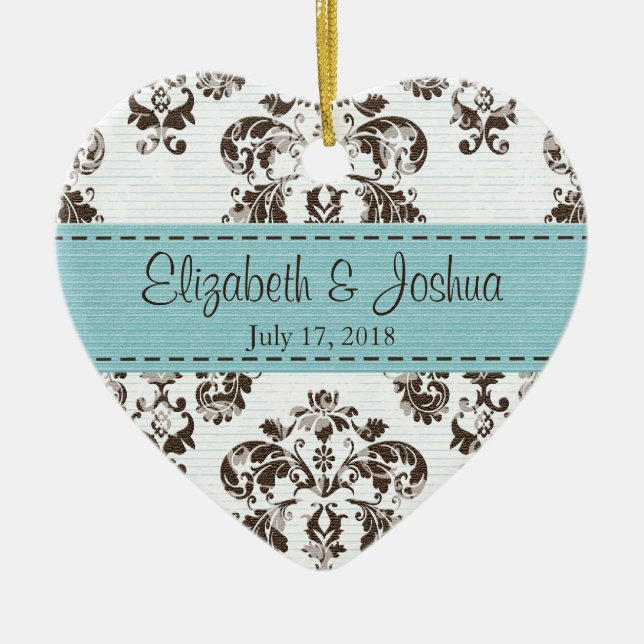 Personligblått och damastast bröllop för julgransprydnad keramik (Framsidan)