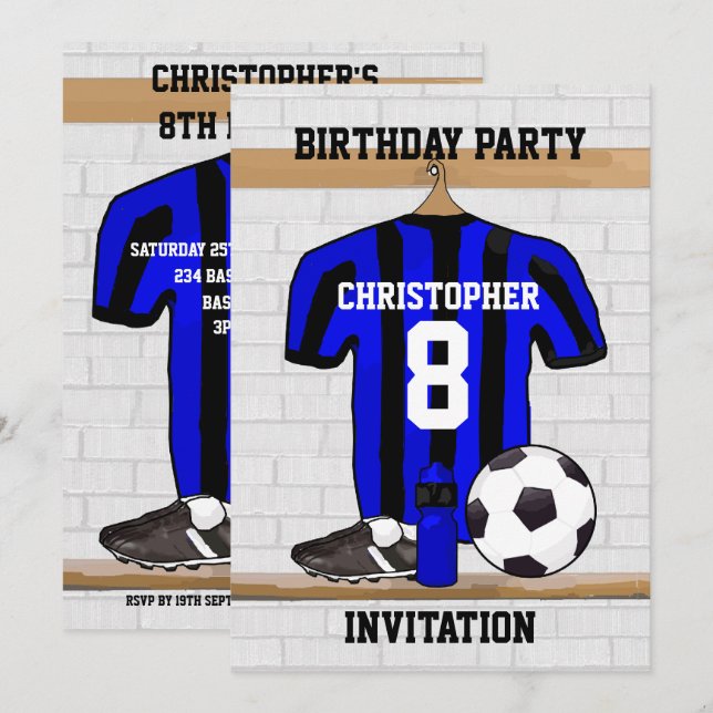 Personligblått och svartfotbollfotboll Jersey Inbjudningar (Fram/baksida)