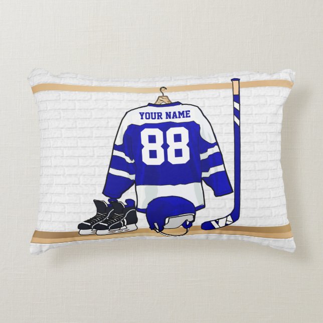Personligblått- och vitishockey Jersey Prydnadskudde (Framsidan)