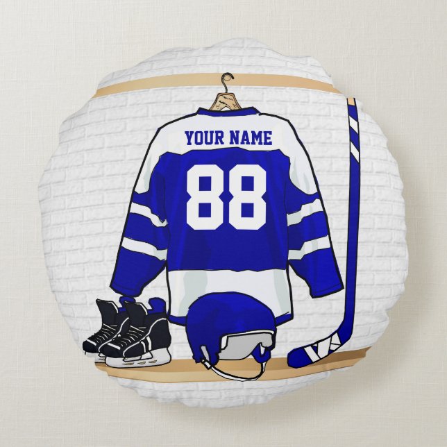 Personligblått- och vitishockey Jersey Rund Kudde (Baksidan)