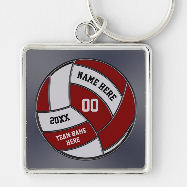 PersonligBurgundy volleyboll Keychains Fyrkantig Silverfärgad Nyckelring (Framsidan)