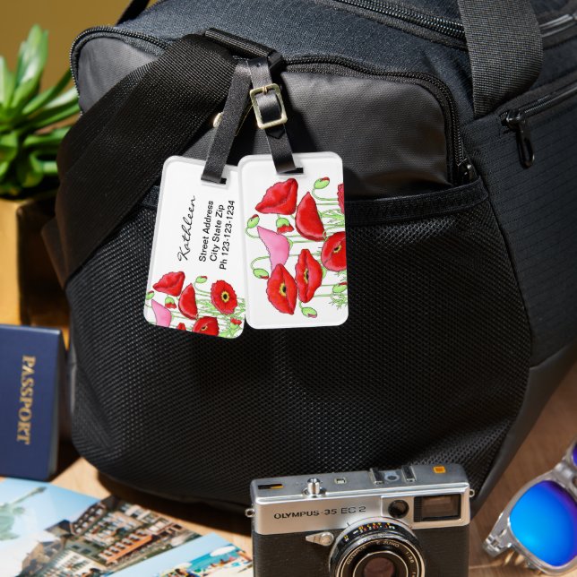 Personligen Anpassat namn för Red Rosa Poppies Art Bagagebricka (Fram & Baksida)