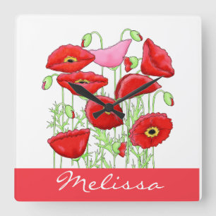 Personligen Anpassat namn för Red Rosa Poppies Art Fyrkantig Klocka