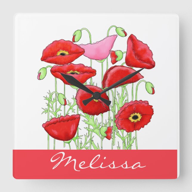 Personligen Anpassat namn för Red Rosa Poppies Art Fyrkantig Klocka (Framsida)