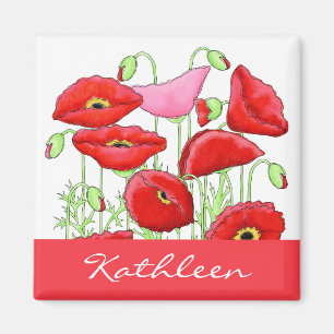Personligen Anpassat namn för Red Rosa Poppies Art Magnet